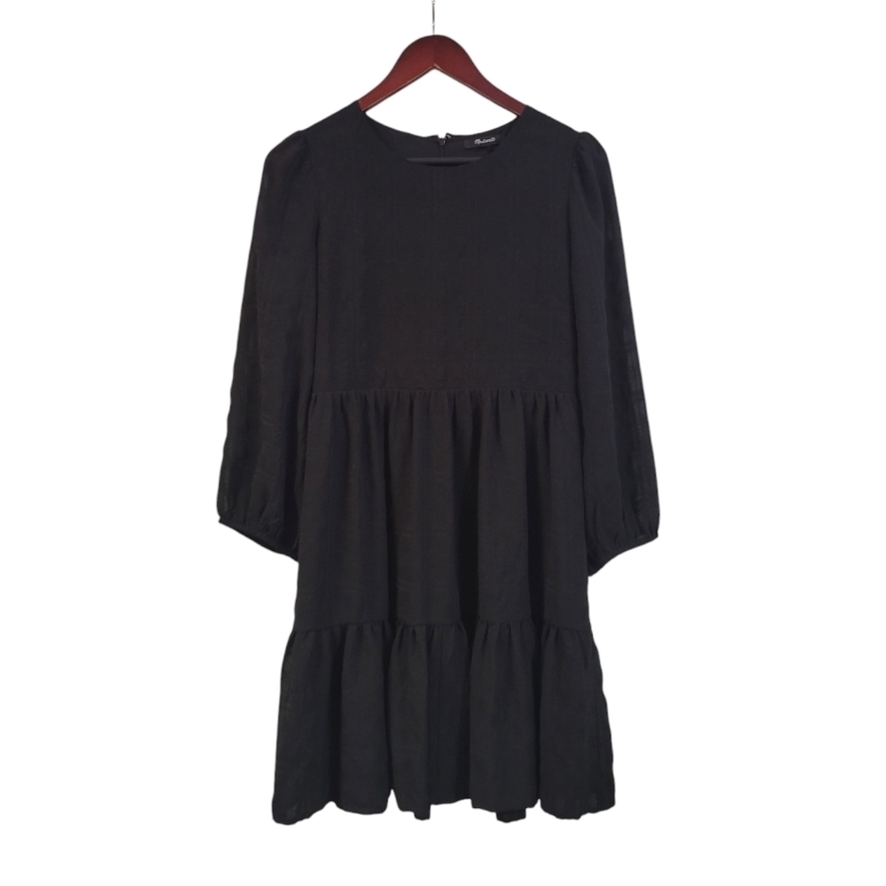 NWOT Madewell Black Puff Sleeve Ruffle Hem Mini Dress Size 4 - Picture 3 of 7